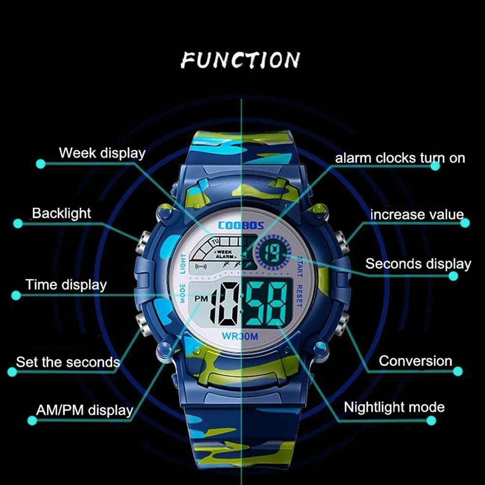 Sport Digital Watch for Kids Waterproof Luminous Children'S Electronic LED Watch Fashion Multi-Function Week Display Kids Watch