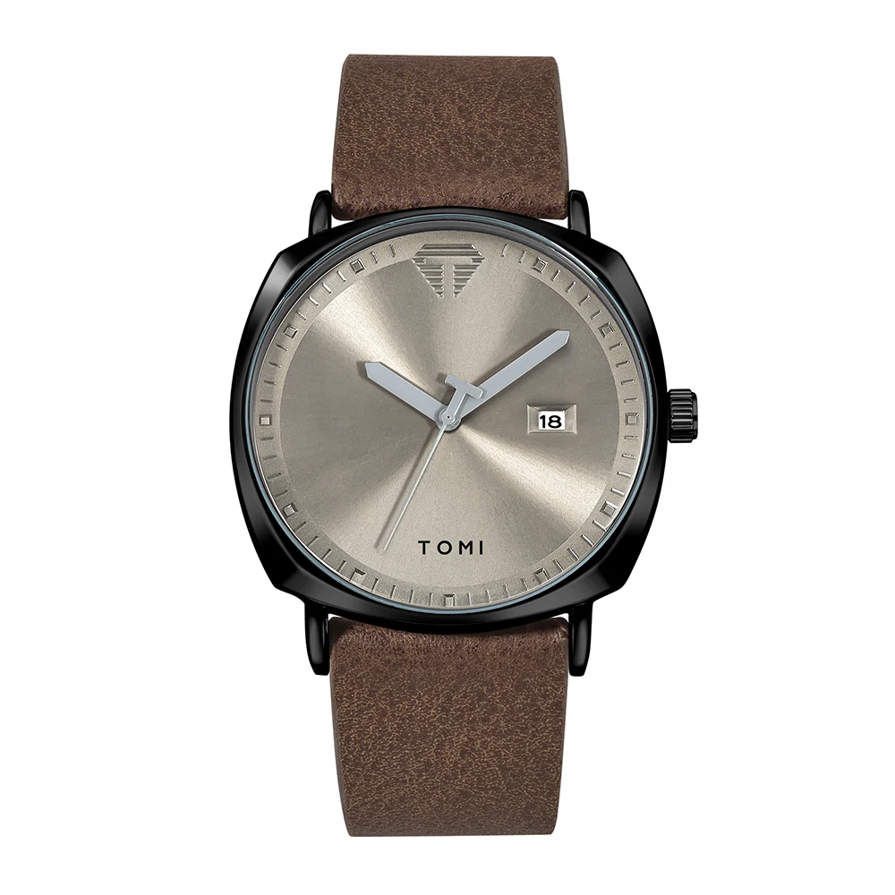 TOMI Watch - Black dial rose gold case with black leather strap