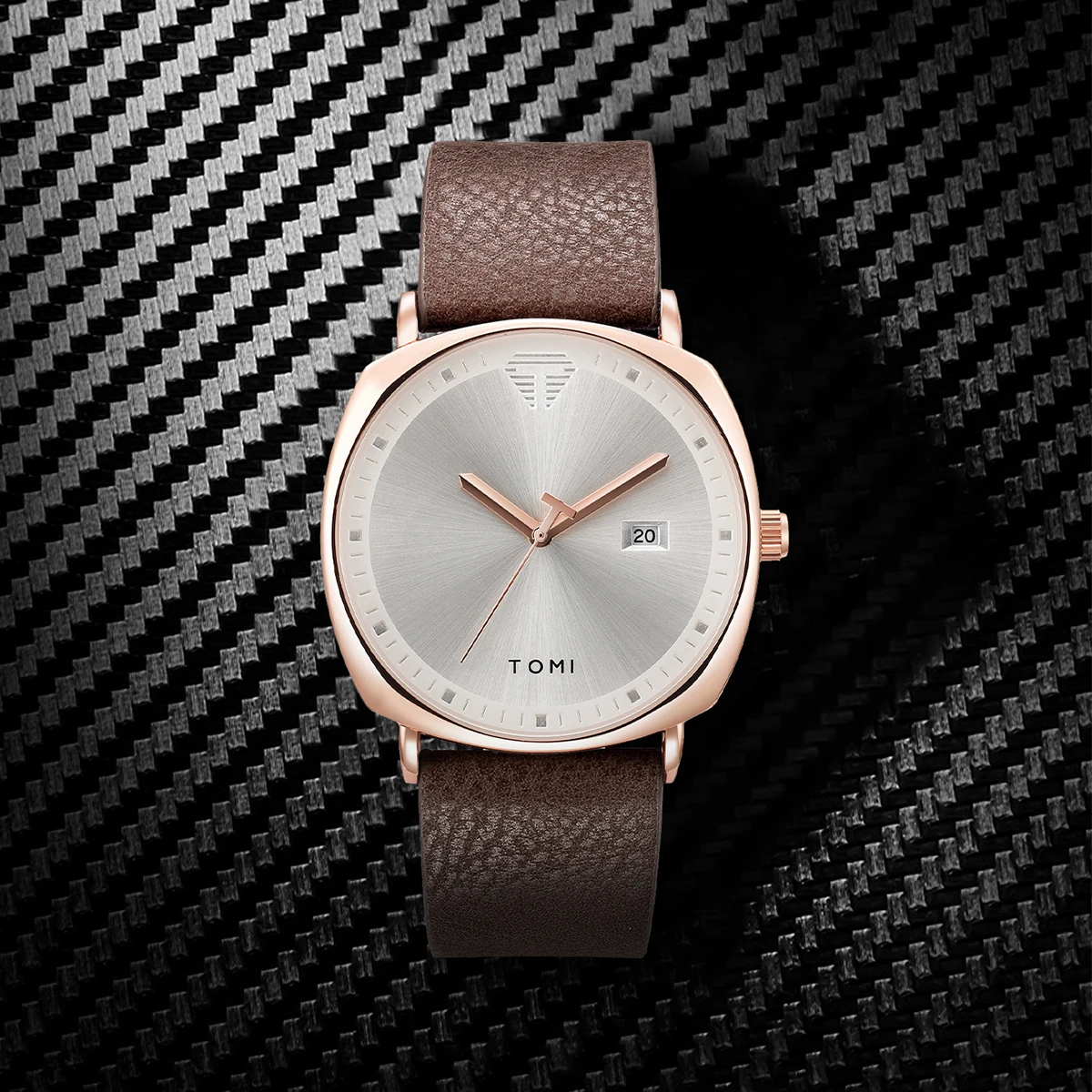 TOMI Watch - Black dial rose gold case with black leather strap